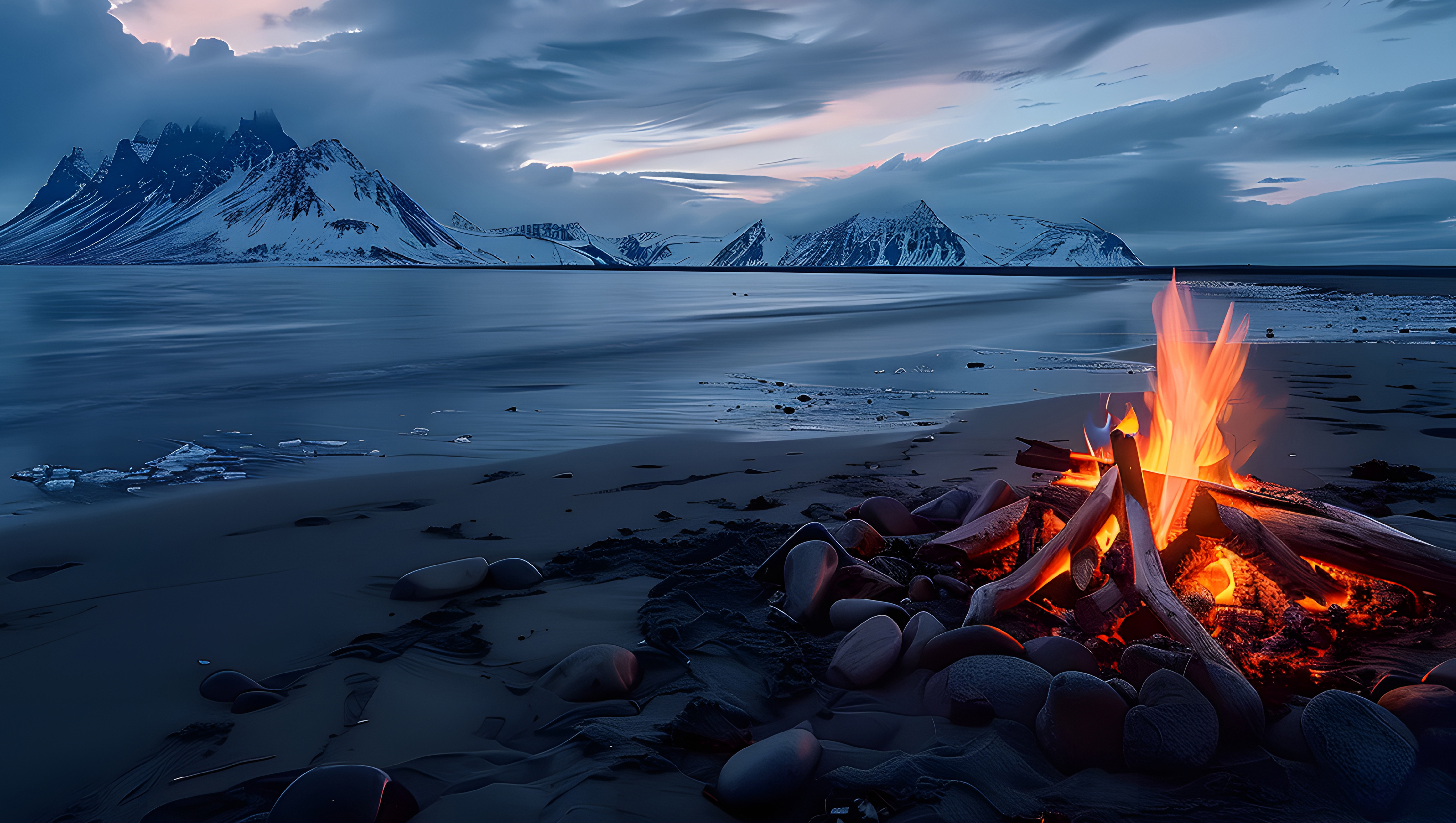 冰岸篝火+紫色富士+舟影逸时平板、电脑、手机壁纸